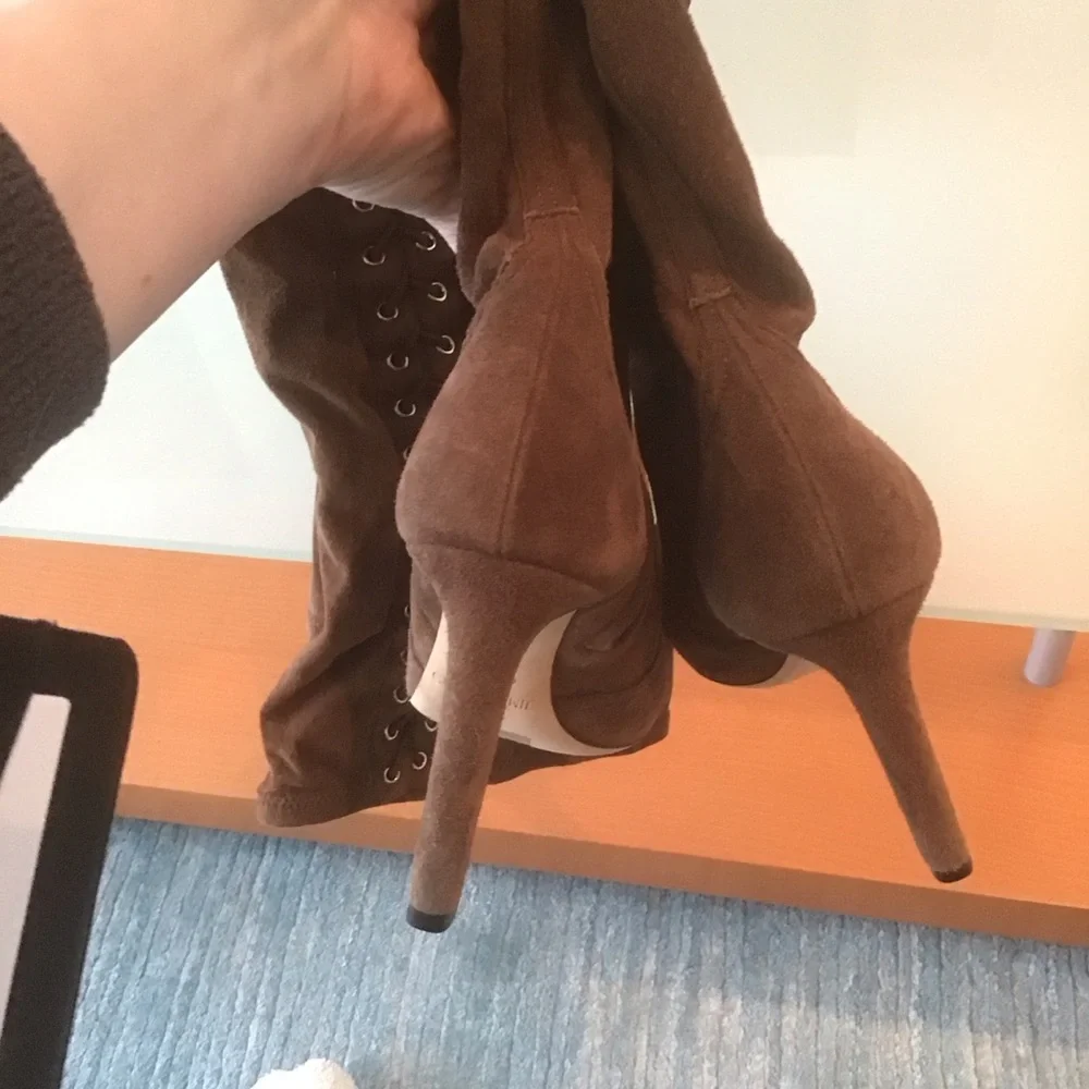Jimmy Choo Marie 100 Brown Suede Leather‎ Lace Up Over The Knee OTK Boots 37.5 7